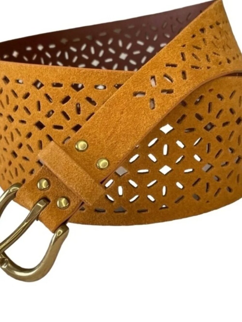 Anthropologie Tapered Eyelet Laser-cut Suede Leather Belt Mustard Gold (S)